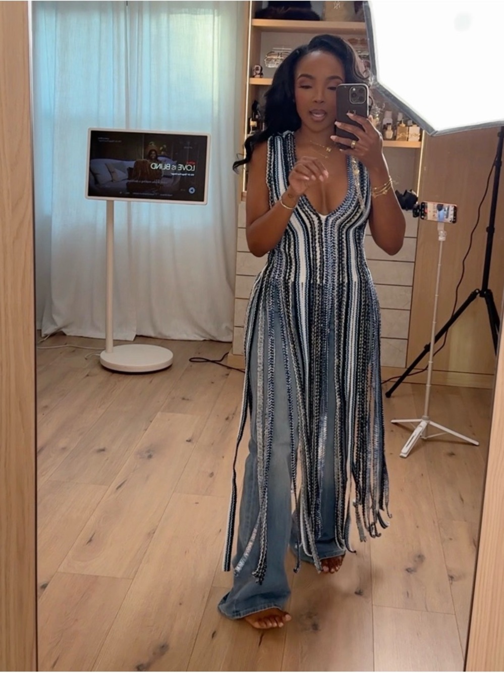 AKIRA Blue White Black Striped Knit Maxi Top